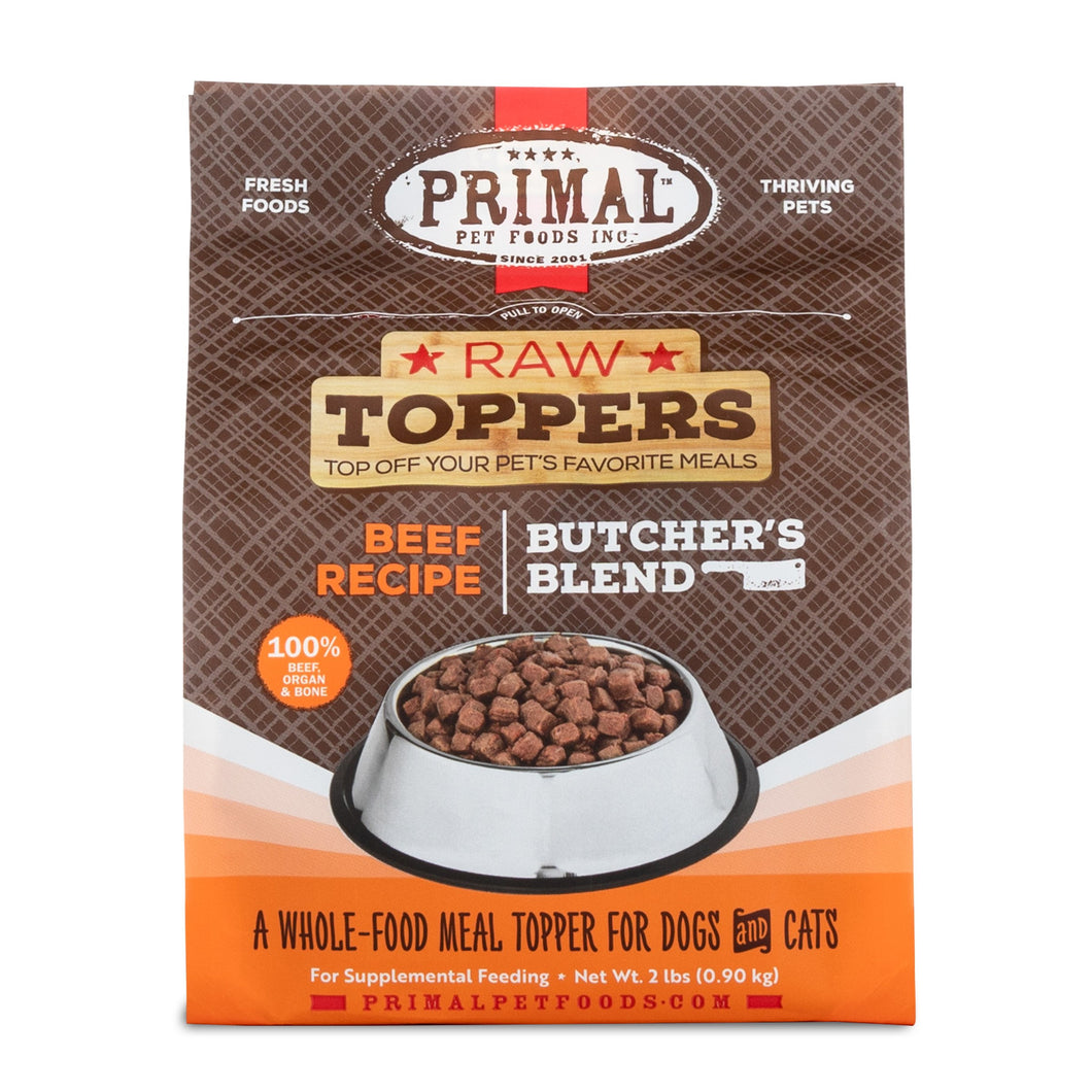 PRIMAL RAW TOPPERS BUTCHER'S BLEND BEEF DOG 2LB