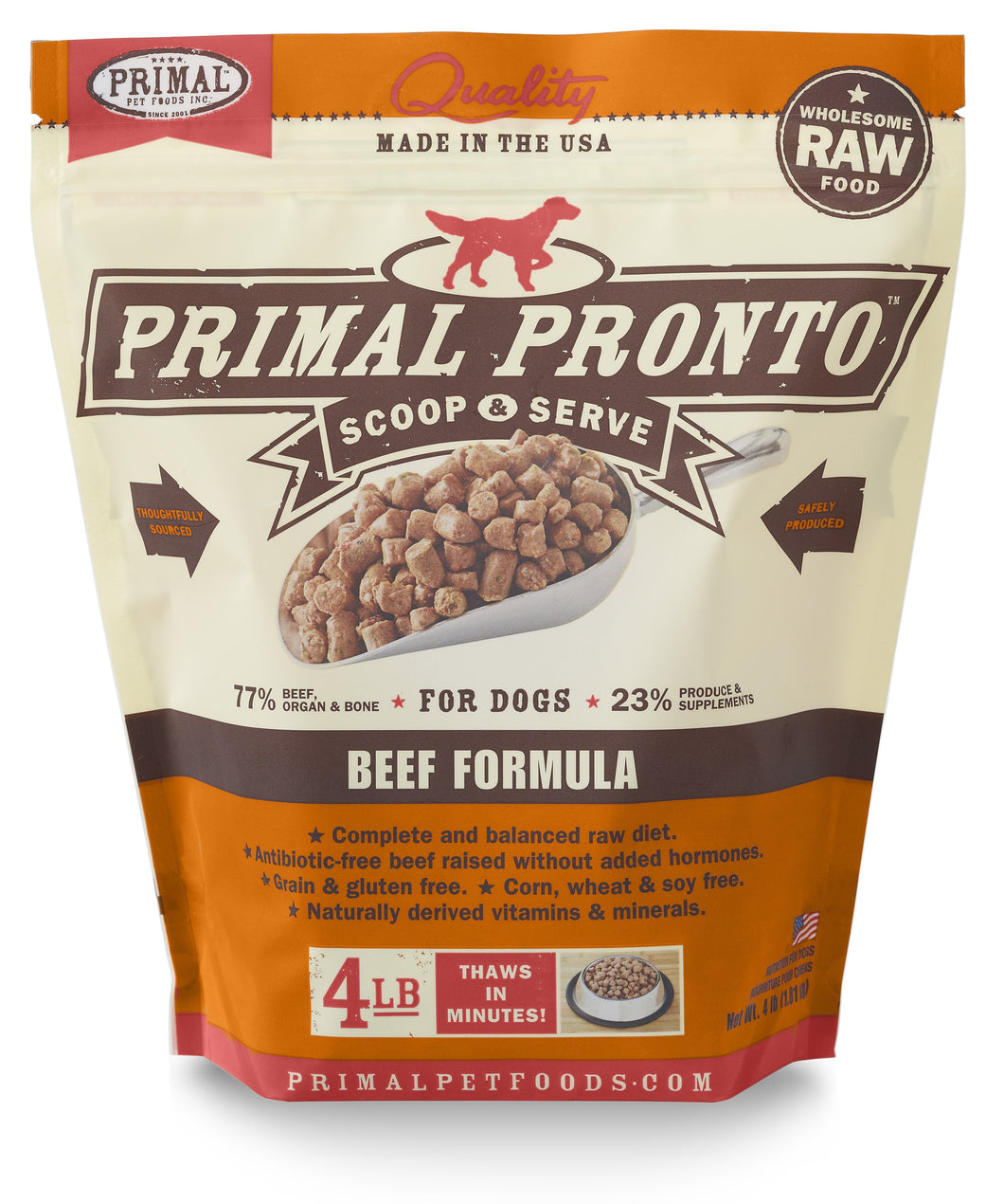 PRIMAL RAW FROZEN PRONTO BEEF DOG 4LB